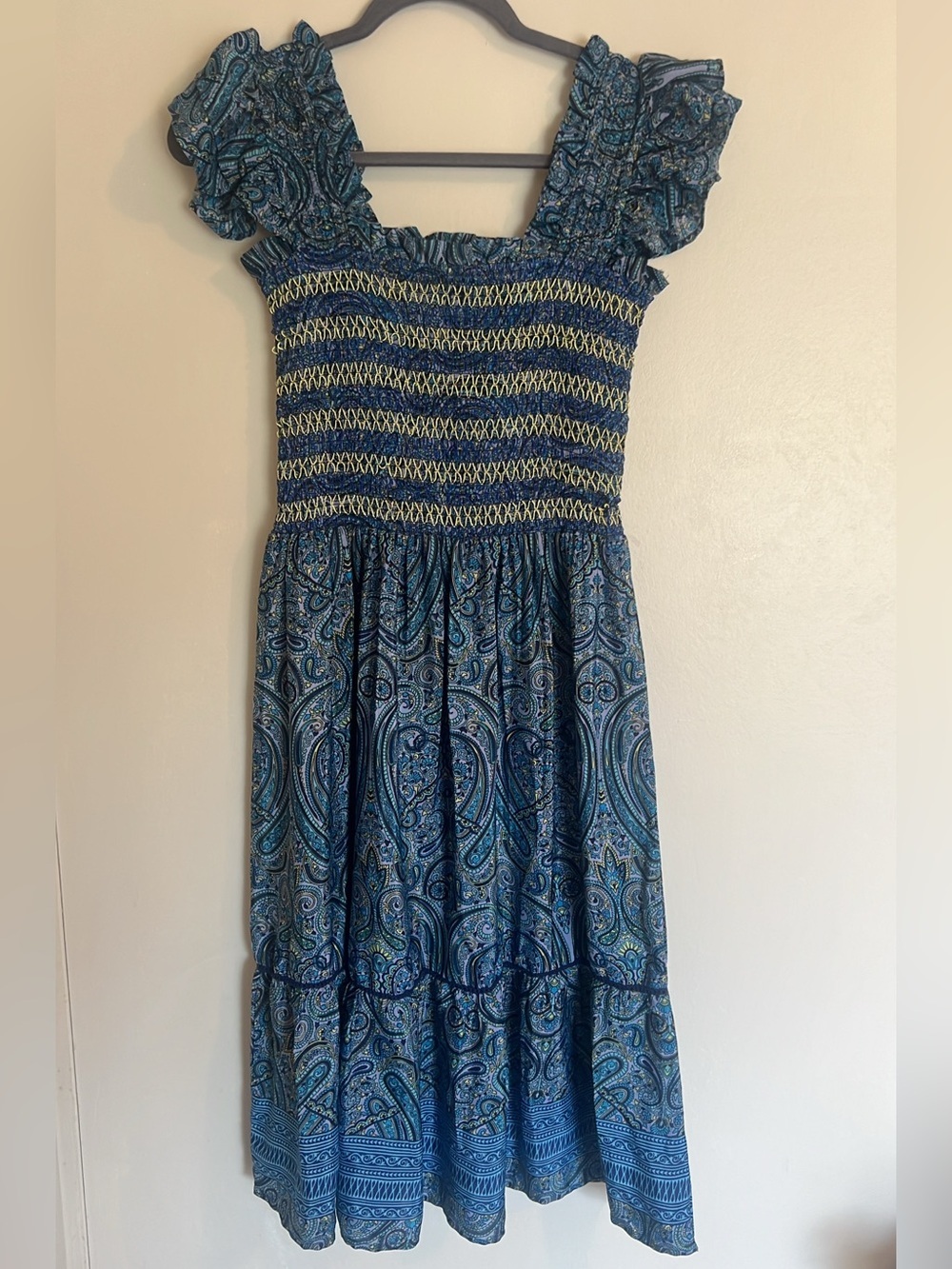 Blue Paisley Smocked Midi Dress with Ruffled Straps